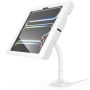 Vue latérale du support de table Compulocks Flex Apex pour iPad Pro 13 pouces, avec bras flexible et finition blanche.