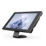 Vue latérale du support de table Compulocks Core Apex pour Microsoft Surface Pro 11, avec une tablette inclinée.