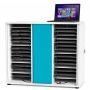 Armoire de chargement pour ordinateur portable Zioxi ouverte pour 32 ordinateurs portables avec compartiments de chargement visibles et un ordinateur portable sur le dessus.