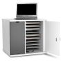 Armoire de chargement USB-C Zioxi Chromebook ouverte avec compartiments visibles pour 10 Chromebooks et un ordinateur portable sur le dessus.