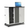 Vue latérale du chariot de chargement pour Chromebook Zioxi onView2 avec compartiments ouverts pour 32 Chromebooks et un ordinateur portable sur le dessus.