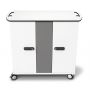 Vue de face du chariot de chargement Zioxi Chromebook avec serrure RFID, fermé et sur roulettes.