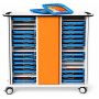 Chariot de chargement pour iPad Zioxi ouvert avec compartiments visibles pour 32 iPad dans des housses adaptées aux enfants.