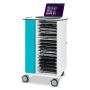 Vue latérale du chariot de chargement pour ordinateur portable Zioxi onView2 avec compartiments ouverts pour 16 ordinateurs portables et un verrou RFID.