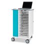 Vue latérale du chariot de chargement pour ordinateur portable Zioxi avec compartiments ouverts pour 16 ordinateurs portables et gestion des câbles visible.