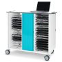 Vue latérale du chariot de chargement pour ordinateur portable Zioxi onView2 avec compartiments ouverts pour 32 ordinateurs portables et un ordinateur portable sur le dessus.