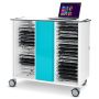 Vue latérale du chariot de chargement pour ordinateur portable Zioxi onView2 avec compartiments ouverts pour 32 ordinateurs portables et un ordinateur portable sur le dessus.