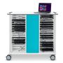 Vue latérale du chariot de chargement pour ordinateur portable Zioxi avec compartiments ouverts pour 32 ordinateurs portables et un ordinateur portable sur le dessus.