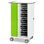 Vue latérale du chariot de chargement pour iPad Zioxi avec compartiments ouverts pour 16 iPad et détails visibles de gestion des câbles.