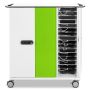 Vue de face du chariot de chargement pour iPad Zioxi avec compartiments ouverts et verrou RFID.