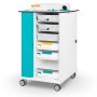 Vue latérale du chariot de chargement USB-C Zioxi LEGO Science avec une porte turquoise et des roues pour la mobilité.