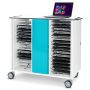 Vue latérale du chariot de chargement pour ordinateur portable Zioxi onView2 avec compartiments ouverts pour 32 ordinateurs portables et un ordinateur portable sur le dessus.