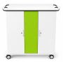 Vue de face du chariot de chargement USB-C pour iPad Zioxi avec panneau vert vif et indicateurs de charge visibles.