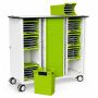 Chariot de chargement pour iPad USB-C réseau Zioxi ouvert avec plateaux verts et câbles visibles pour 32 iPad.