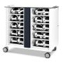 Chariot de chargement de casques Zioxi VR ouvert avec 40 casques VR, compartiments de chargement clairement visibles et gestion des câbles.