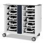 Vue latérale du chariot de chargement de casques VR Zioxi onView2 avec 40 casques VR dans les compartiments de rangement.