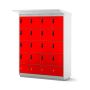 Vue de face du casier de chargement de batterie de vélo Lockeel avec 16 compartiments et serrure électronique à code de couleur rouge vif.