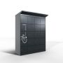 Photo studio du casier de chargement de batterie de vélo Lockeel avec 16 compartiments et serrure à monnaie, vue frontale diagonale de l'armoire fermée avec icône de chargement sur la porte.