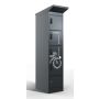 Vue de face inclinée du casier de chargement de batterie de vélo Lockeel avec quatre compartiments, équipé de serrures à code électronique et d'une impression de vélo frappante.