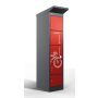 Photo studio du casier de chargement de batterie de vélo Lockeel avec quatre compartiments rouges, équipés de serrures à clé et d'une icône de chargement blanche sur le devant.