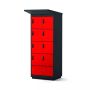 Vue latérale du casier de chargement de batterie de vélo Lockeel à 8 compartiments noirs et rouges, avec serrures électroniques à code.