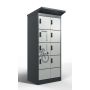 Vue de face inclinée du casier de chargement de batterie de vélo Lockeel avec huit compartiments, équipé de serrures à code électronique et d'une icône de chargement frappante.