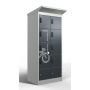 Vue de face inclinée du casier de chargement de batterie de vélo Lockeel à huit compartiments, équipé de serrures à code électronique et d'une icône de chargement sur la porte.