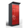 Photo en studio du casier de chargement de batterie de vélo Lockeel à huit compartiments, équipé de portes rouges avec serrures à pièces et d'une icône de chargement frappante sur la porte.