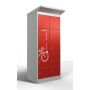 Photo en studio du casier de chargement de batterie de vélo Lockeel à huit compartiments, équipé de portes rouges avec serrures à pièces et d'une icône blanche de chargement de vélo.