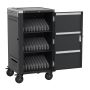Photo studio du chariot pour ordinateur portable Ewent pour 30 ordinateurs portables, vue avant en pente avec porte ouverte et vue des trois compartiments internes avec parois de séparation.