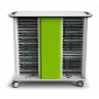 Vue de face du chariot de chargement pour iPad Zioxi avec compartiments ouverts pour 40 iPad et une bande centrale verte saisissante.