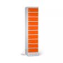 Vue latérale du casier de chargement pour ordinateur portable Lockeel avec 10 compartiments orange et blanc, avec serrure à clé et gestion des câbles.