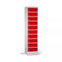 Vue latérale du casier de chargement pour ordinateur portable Lockeel avec 10 compartiments et serrure à clé, avec des portes rouges frappantes.