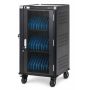Vue latérale du chariot de recharge Manhattan AC avec compartiments ouverts pour 30 appareils, équipé d'un verrou et de roulettes pour la mobilité.
