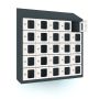 Vue de face du casier téléphonique Lockeel à 25 compartiments et serrure à clé, avec une des portes avec fenêtre ouverte pour une vue dégagée.