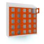 Vue de face du casier téléphonique Lockeel avec 25 compartiments et serrure à clé, avec une des portes orange avec fenêtre ouverte pour inspection.