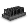 Vue latérale de la station de recharge Torvik OLS-10 avec 10 ports et compartiments ouverts pour la gestion des câbles.