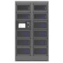 Vue de face du casier de recharge modulaire Power Technologies avec 11 grands compartiments et panneau de commande.