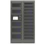 Vue de face du casier de chargement modulaire Power Technologies PT-PRO-17 avec compartiments ouverts et écran de contrôle.