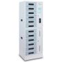 Vue latérale du casier de chargement Power Technologies SC-LOCKER-12 avec 12 compartiments et serrure RFID, fermé et sans câbles visibles.