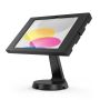 Vue latérale du support de table Compulocks Mast Swell pour iPad, avec une finition noire et un iPad incliné.