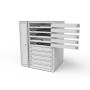 Casier de chargement USB-C pour ordinateur portable Zioxi avec cinq compartiments ouverts et câbles de chargement USB-C visibles, vue avant diagonale du casier de chargement blanc pour ordinateurs portables.