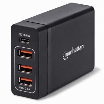 Vue latérale du hub de chargement Manhattan 72 W à 4 ports USB-A/C Power Delivery avec ports USB et logo visibles.
