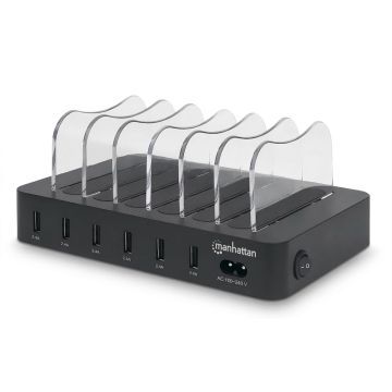 Vue latérale de la station de recharge USB-A à 6 ports Manhattan avec compartiments de recharge ouverts et ports USB visibles.