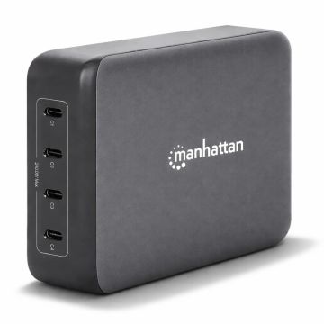 Vue latérale du hub de chargement Manhattan 240 W GaN USB-C Power Delivery à 4 ports avec quatre ports USB-C.