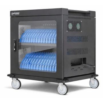 Vue latérale du chariot de chargement Manhattan AC avec compartiments ouverts pour 32 tablettes ou ordinateurs portables jusqu'à 15,6 pouces, visibles avec les supports bleus.