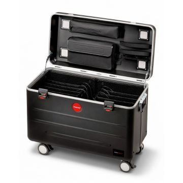 Mallette de chargement ouverte PARAT N12 AC avec compartiments visibles pour 12 ordinateurs portables et poches de rangement à l'intérieur.