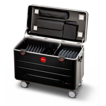 Mallette de chargement N16 AC ouverte avec compartiments visibles pour 16 ordinateurs portables et poches de rangement à l'intérieur.