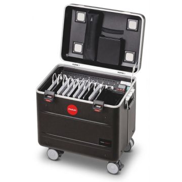 Étui ouvert PARAT i10 USB-A ChargeSync avec espace pour 10 iPad, y compris gestion des câbles et compartiment de rangement.