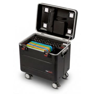Étui ouvert PARAT i10 EDUCOVER avec compartiments colorés pour iPad et poches de rangement pour accessoires.